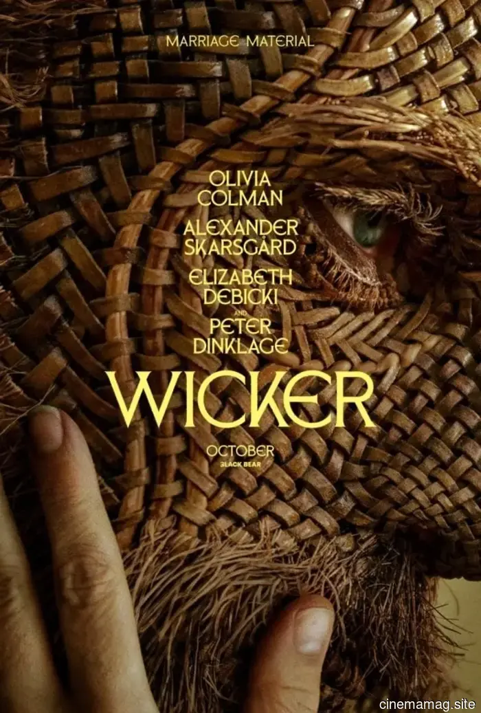 In the trailer for the fantasy comedy Wicker, Olivia Colman is captivated by Alexander Skarsgård's wicker man.