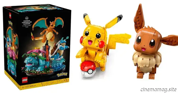 The LEGO Pokémon theme is introduced featuring Pikachu, Eevee, Venusaur, Charizard, and Blastoise.