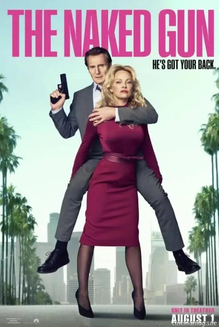 Liam Neeson is supporting Pamela Anderson on The Naked Gun poster.